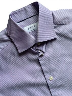 Eton French Cuffed Contemporary Fit Houndstooth Purple Dress Shirt Size 15